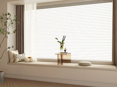 Cozy Bay Window Nook With Blinds Cushioned Sill Pillows Small Table And Green Plant 3d model