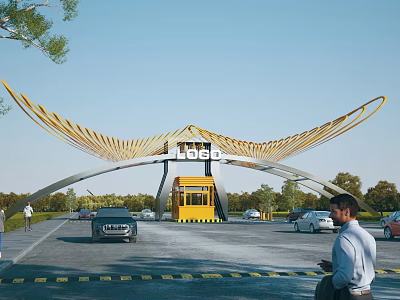 Wing Shaped Yellow Entrance Gate With Central LOGO Yellow Guard Booth Vehicles Pedestrians Green Trees 3d model