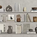 Minimalist Bookshelf Decorative Ornament Combinations with Clay Pots Vases Table Lamps Books and Sculptures
