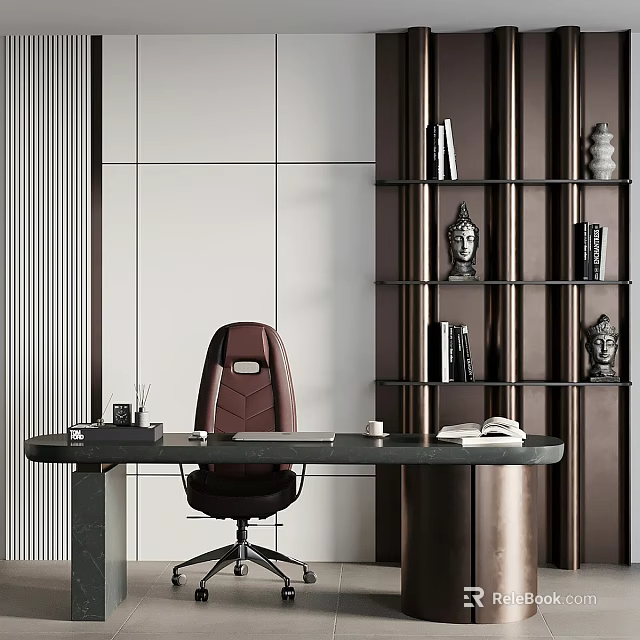 Modern Dark Desk and Red Leather Chair with Bookshelf Sculptures Near White Vertical Striped Wall 3d model 