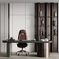 Modern Dark Desk and Red Leather Chair with Bookshelf Sculptures Near White Vertical Striped Wall