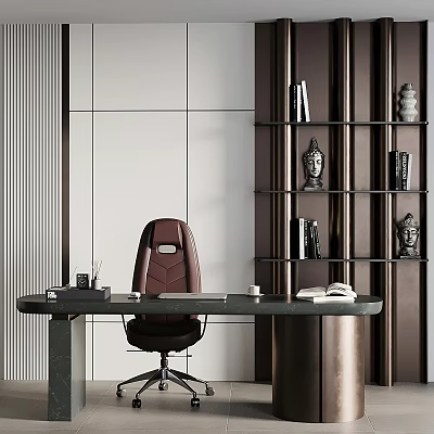 Modern Dark Desk and Red Leather Chair with Bookshelf Sculptures Near White Vertical Striped Wall 3d model