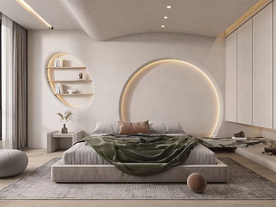 Modern Bedroom Interior Design With Circular Headboard Wall Green Blanket And Soft Lighting 3d model