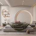 Modern Bedroom Interior Design With Circular Headboard Wall Green Blanket And Soft Lighting