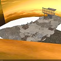 3D Scenery Model Platform With Rocky Terrain And Building Structures