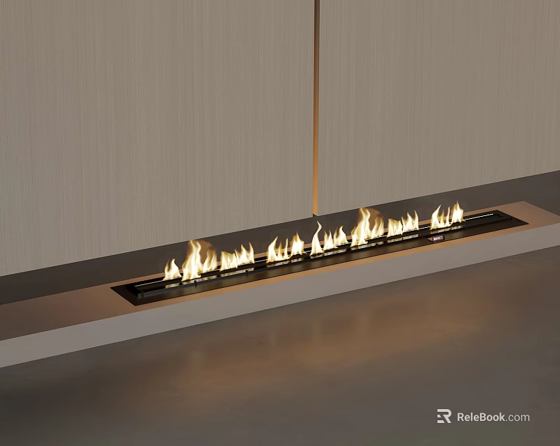 Modern Linear Fireplace With Burning Flames In Minimalist Interior Design 3d model