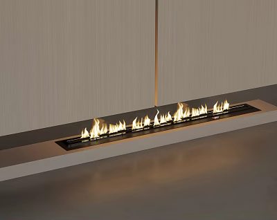 Modern Linear Fireplace With Burning Flames In Minimalist Interior Design 3d model