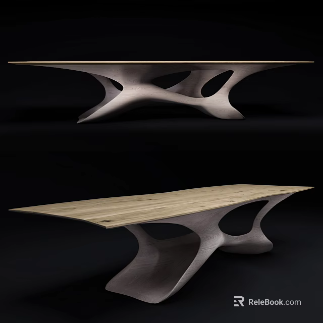 Modern Artistic Dining Table With Wooden Top And Sculptural Curved Base 3d model 
