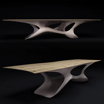 Modern Artistic Dining Table With Wooden Top And Sculptural Curved Base 3d model