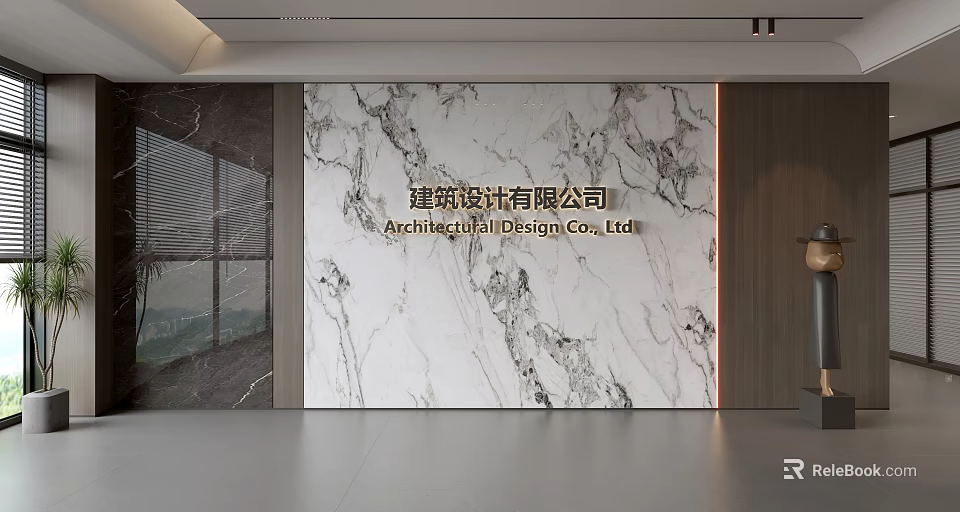 Elegant White Marble Background Wall Design For Company Lobby With Name Sign 3d model 