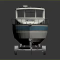 Wooden Boat With White Hull Blue Stripe Cabin Deck And Railing On Trailer