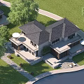 Modern Detached Villa By Waterfront With Stone Exterior Large Windows Lush Trees And Scenic View