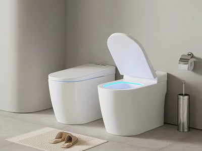 Two White Smart Toilets with Open Lid Blue Light Toilet Paper Holder And Brush Stand 3d model
