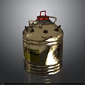 Metal Container With Red Lid Yellow Caution Label Bolts And Rusty Surface On Smooth Surface