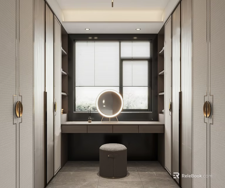 Elegant Modern Walk in Closet Interior With Dressing Table Mirror And Storage Cabinets 3d model