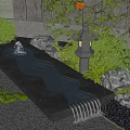 Japanese Garden Water Feature With Stone Slab Lantern Green Plants And Rocks
