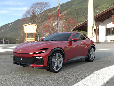 Red Sports Car Parked Outdoor With Mountain View Building And Flag 3d model