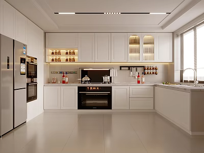 Modern White Kitchen Interior With Open Layout Island Counter And Appliances 3d model