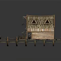 Rustic Stilted Wooden House With Sloped Roof Wooden Deck Railings And Barrels