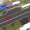 Wooden Bus Station With Clock Tower Waiting Benches Billboards Trees And Pedestrians Around