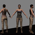 Woman 3D Model Display in Three Angles With Tank Top Khaki Pants and Brown Boots