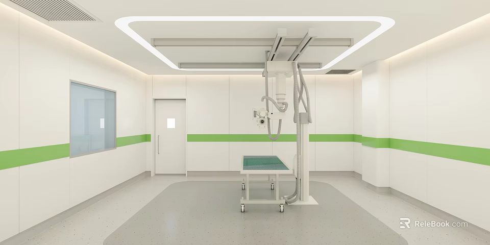 Modern Operating Room Interior Featuring White Walls Green Stripes Operating Table And Medical Equipment 3d model 