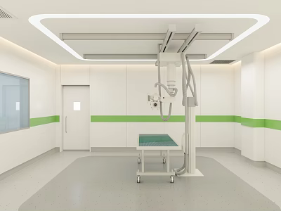 Modern Operating Room Interior Featuring White Walls Green Stripes Operating Table And Medical Equipment 3d model