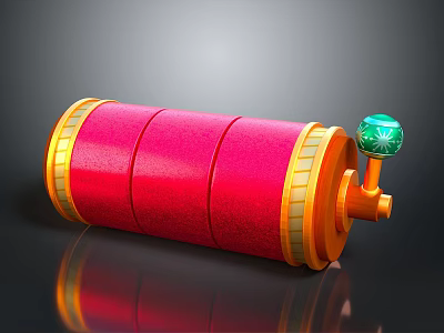 Red Cylindrical Computer Accessory With Gold Trim And Green Knob For PC Setup 3d model