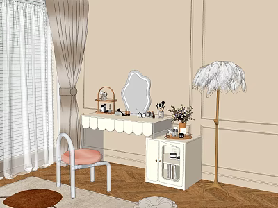 Elegant White Dressing Table With Mirror Pink Chair And Feather Floor Lamp 3d model