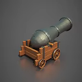Vintage Cannon Weapon with Metal Barrel Wooden Carriage Wheels and Cannonball