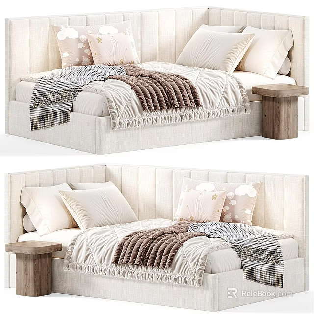 Soft Upholstered Kids Bed With Plush Pillows Cozy Blankets And Wooden Side Table 3d model 