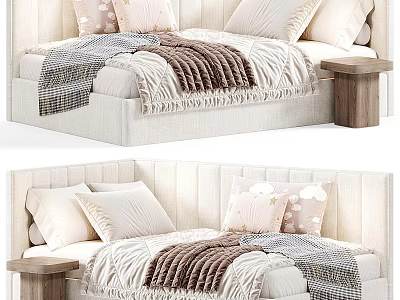 Soft Upholstered Kids Bed With Plush Pillows Cozy Blankets And Wooden Side Table 3d model