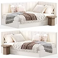 Soft Upholstered Kids Bed With Plush Pillows Cozy Blankets And Wooden Side Table