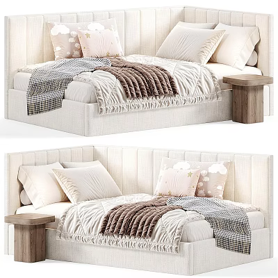 Soft Upholstered Kids Bed With Plush Pillows Cozy Blankets And Wooden Side Table 3d model