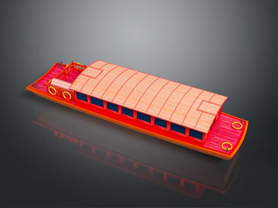 Red Boat Model With Orange Roof Blue Windows And Yellow Circular Decorations 3d model
