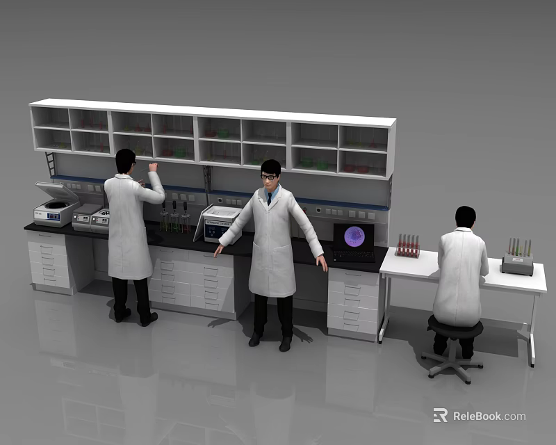 Three Scientists in White Coats Conducting Experiments in Laboratory with Lab Equipment and Shelves 3d model 