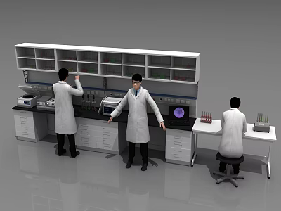 Three Scientists in White Coats Conducting Experiments in Laboratory with Lab Equipment and Shelves 3d model