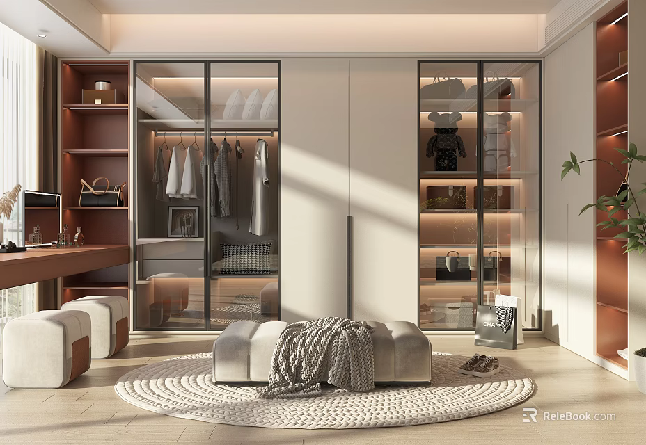 Modern Walk In Closet With Glass Doors And Storage 3d model 