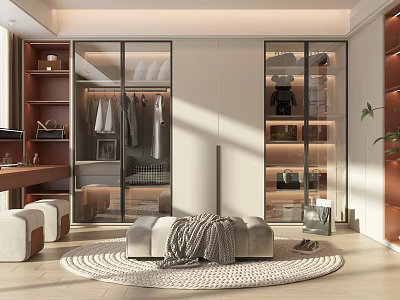 Modern Walk In Closet With Glass Doors And Storage 3d model