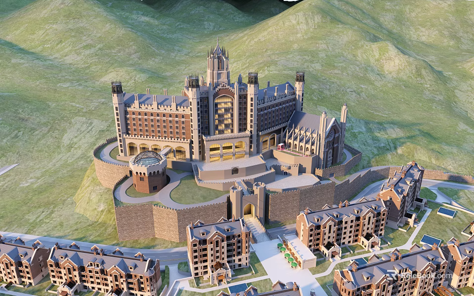 European-style Architecture castle-like structure with towers spires and stone walls in mountain surroundings with courtyard 3d model 
