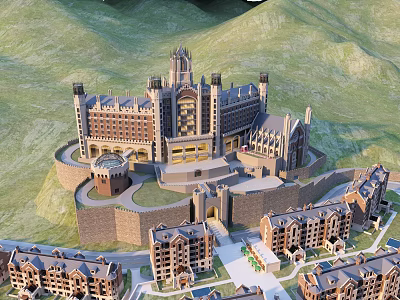 European-style Architecture castle-like structure with towers spires and stone walls in mountain surroundings with courtyard 3d model