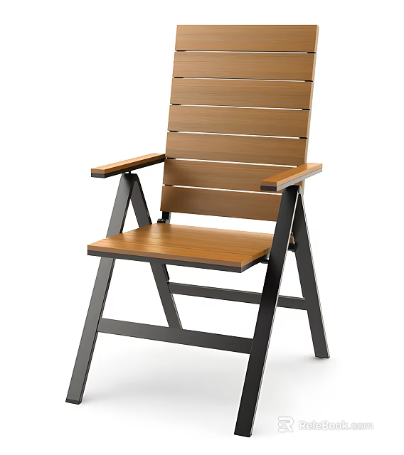 Modern Wooden Leisure Chair With Black Metal Frame And Armrests For Outdoor Use 3d model 