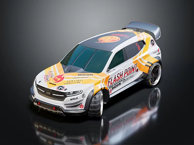 Sporty Race Car With White Yellow Orange Design Rear Spoiler Flash Drama And Sponsor Logos 3d model