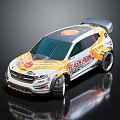 Sporty Race Car With White Yellow Orange Design Rear Spoiler Flash Drama And Sponsor Logos