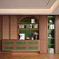 Modern Wooden Decorative Cabinet With Green Drawers Open Shelves And Decor Items