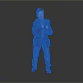Man In Dark Blue Puffer Jacket And Blue Jeans With Fists Clenched On Gray Background