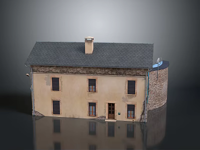 Two Story House With Yellow Exterior Gray Roof Chimney And Stone Wall Section 3d model