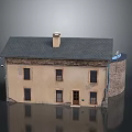 Two Story House With Yellow Exterior Gray Roof Chimney And Stone Wall Section
