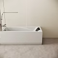White Modern Bathtub with Shower Fixture in Minimalist Bathroom and Potted Plant