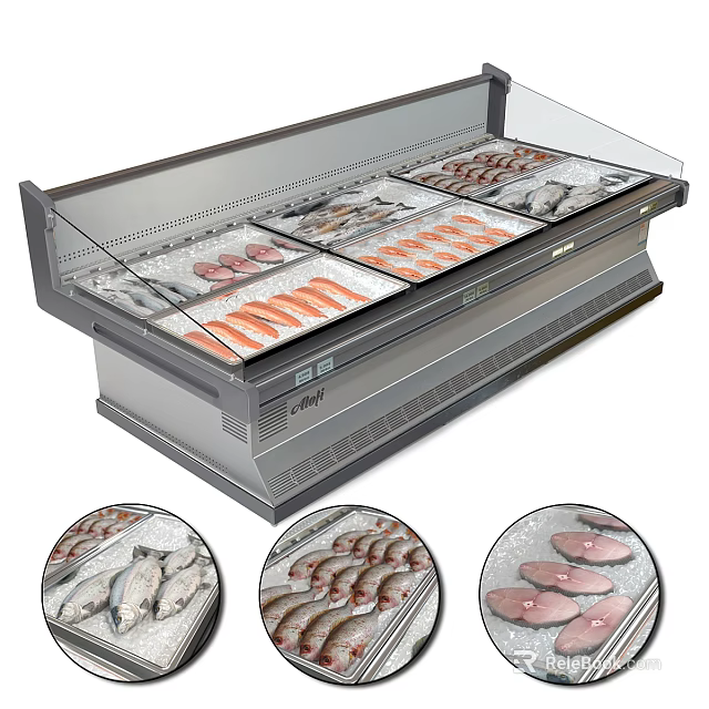 Commercial Display Freezer With Open Glass Door And Fresh Fish Salmon Fillets 3d model 